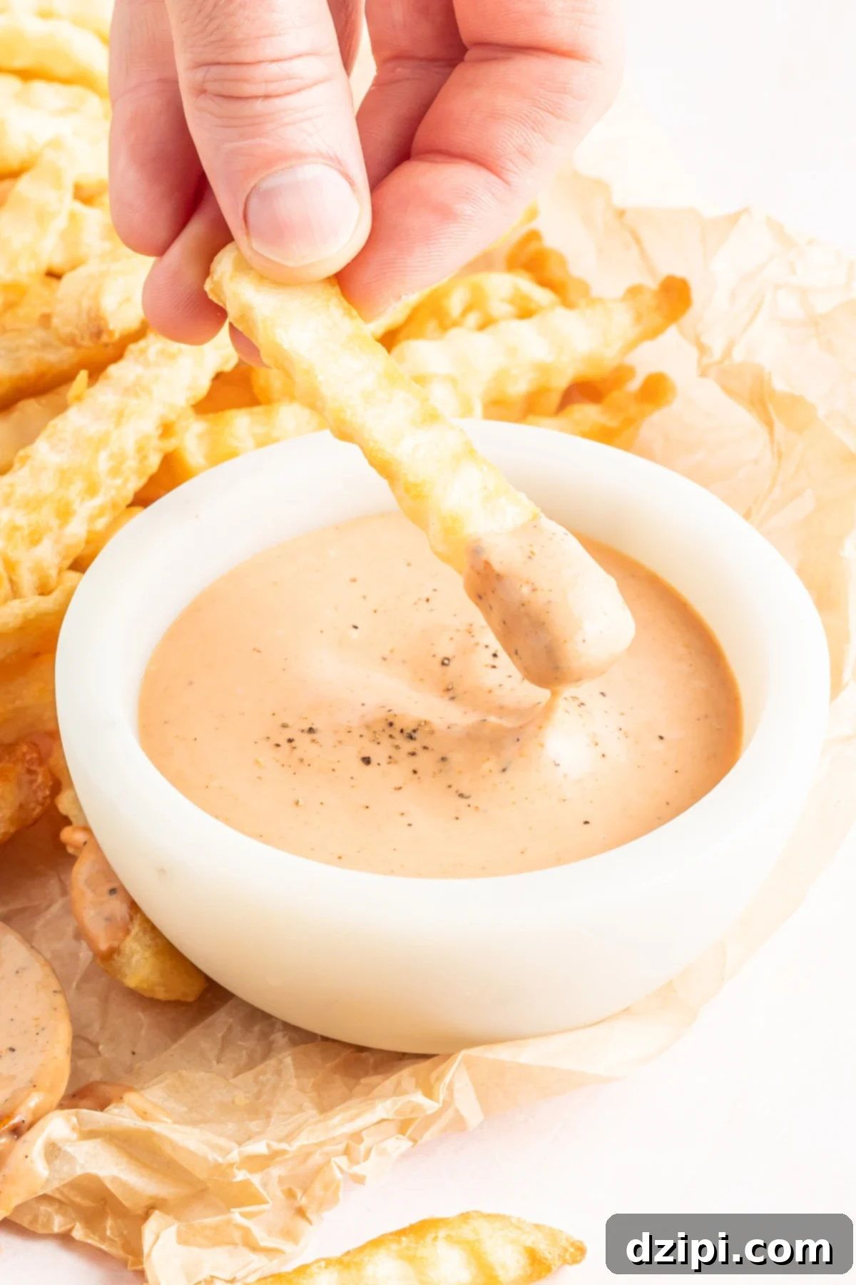 A crispy french fry being dipped into a luscious pool of homemade Zax Sauce, emphasizing its creamy texture.