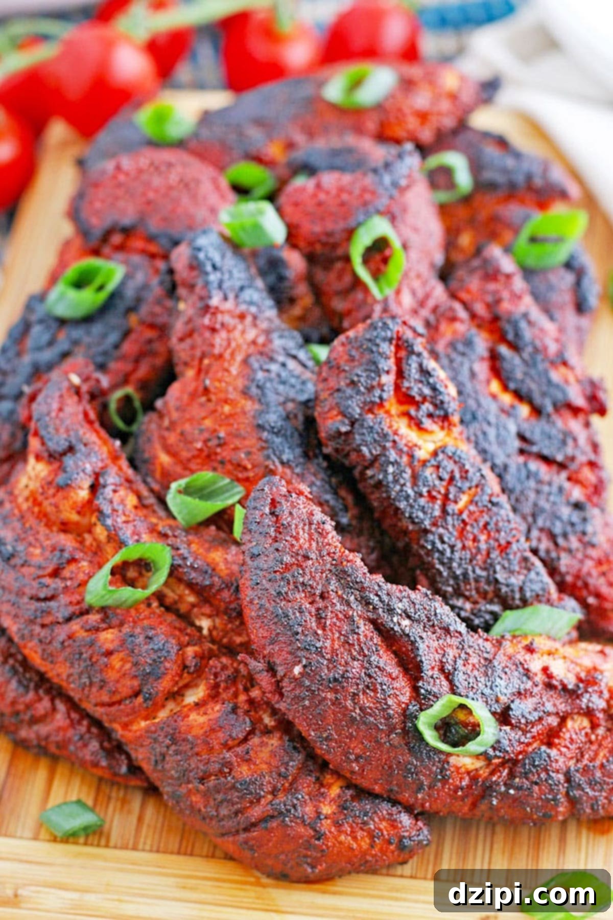 A cutting board generously filled with about a dozen perfectly cooked copycat Popeyes blackened chicken strips, elegantly garnished with vibrant green onion slices.