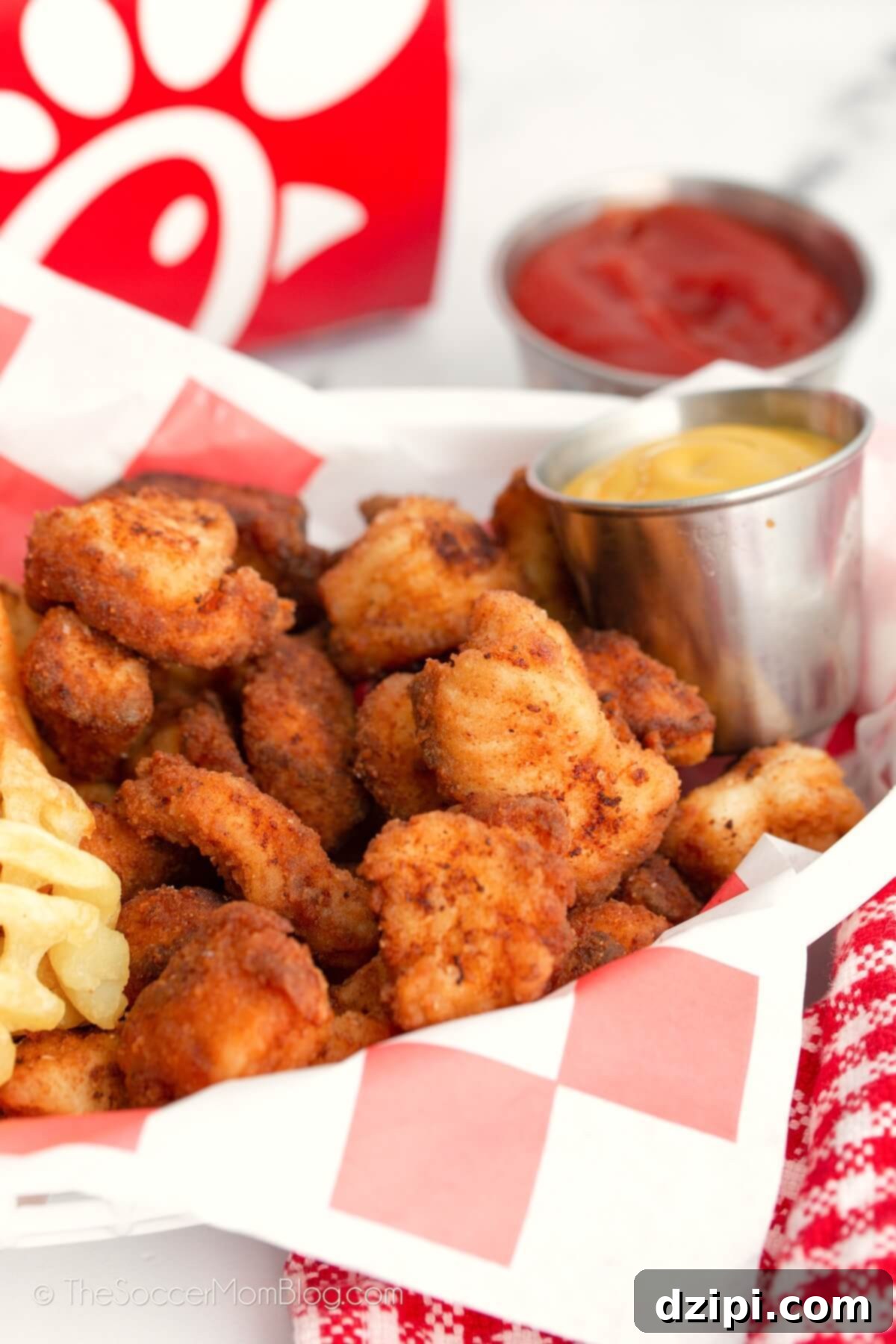 A food basket filled with golden-brown copycat Chick-fil-A nuggets, perfectly paired with classic waffle fries and a side of creamy honey mustard dipping sauce.