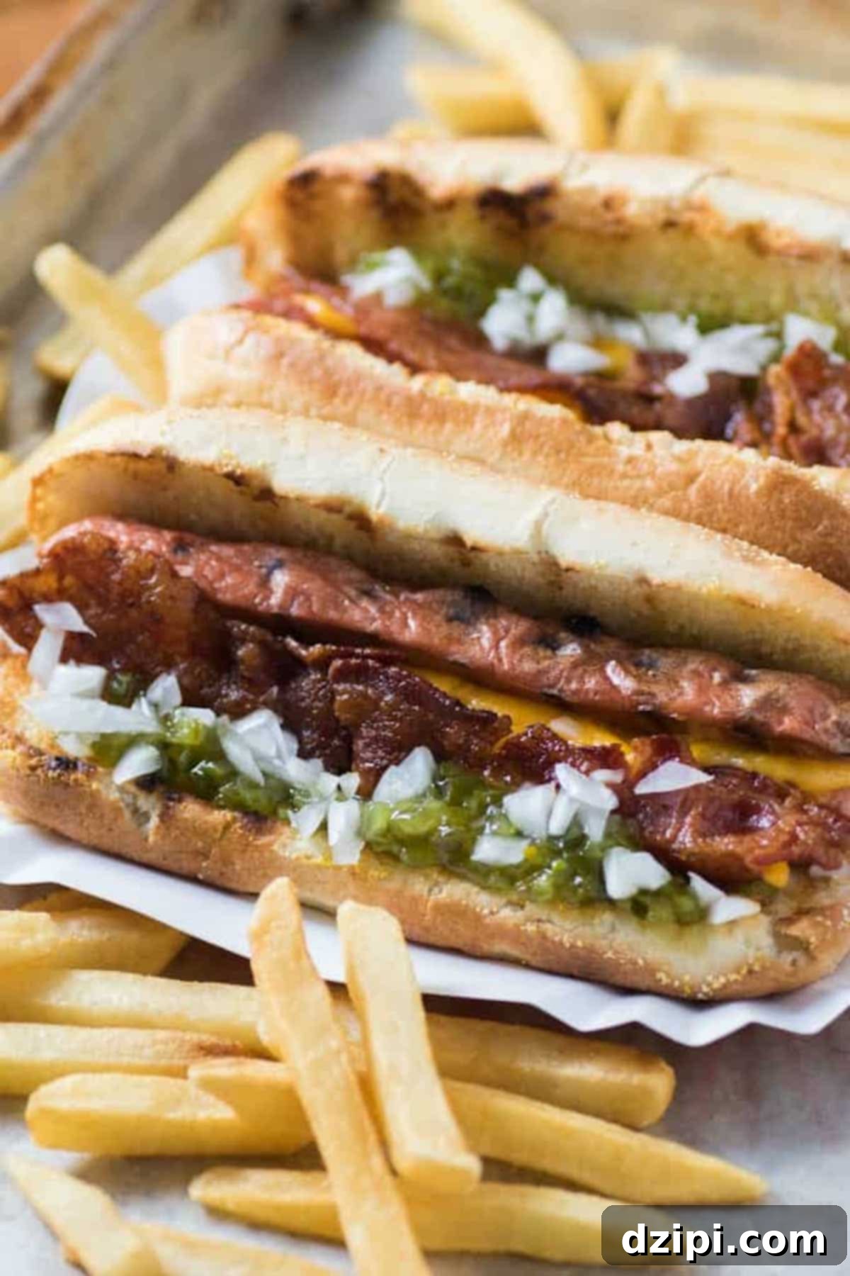 A perfectly split hot dog nestled in a bun, generously topped with melted cheese, crispy chopped bacon, diced onions, and a vibrant relish.