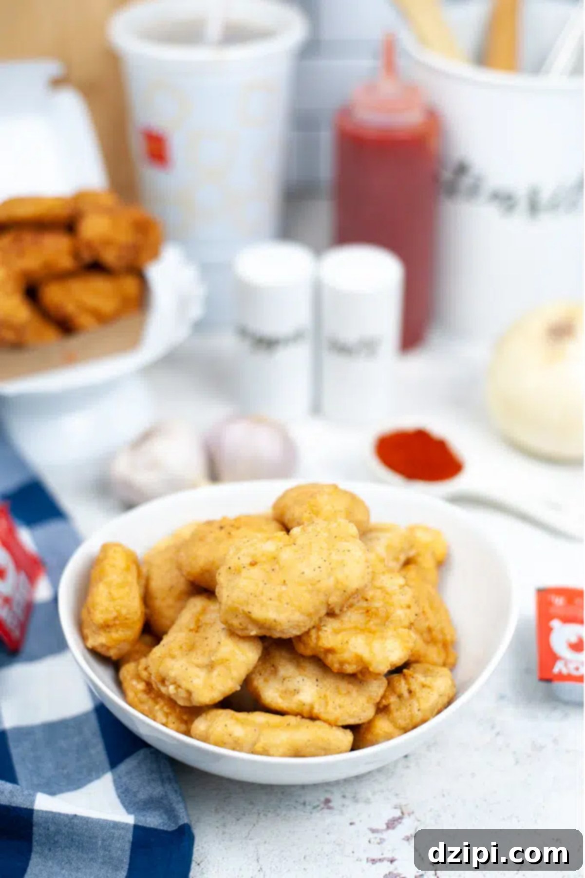 A bowl filled with golden-brown homemade McDonald's chicken nuggets, with BBQ sauce and a soft drink subtly out of focus in the background.