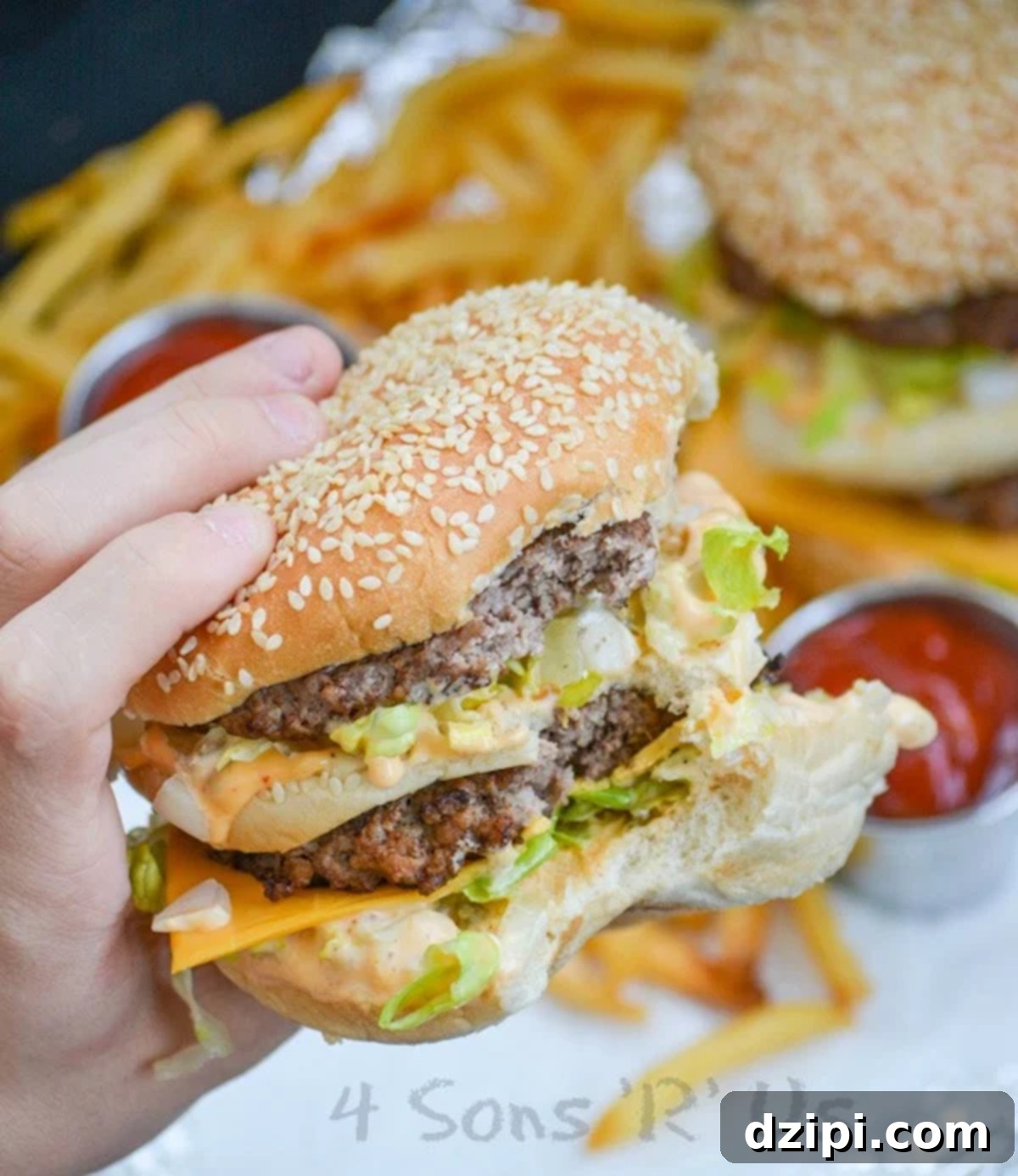 A hand confidently holds up a homemade Big Mac with a bite already taken out, revealing its layers of special sauce, beef patties, lettuce, cheese, pickles, and onions.