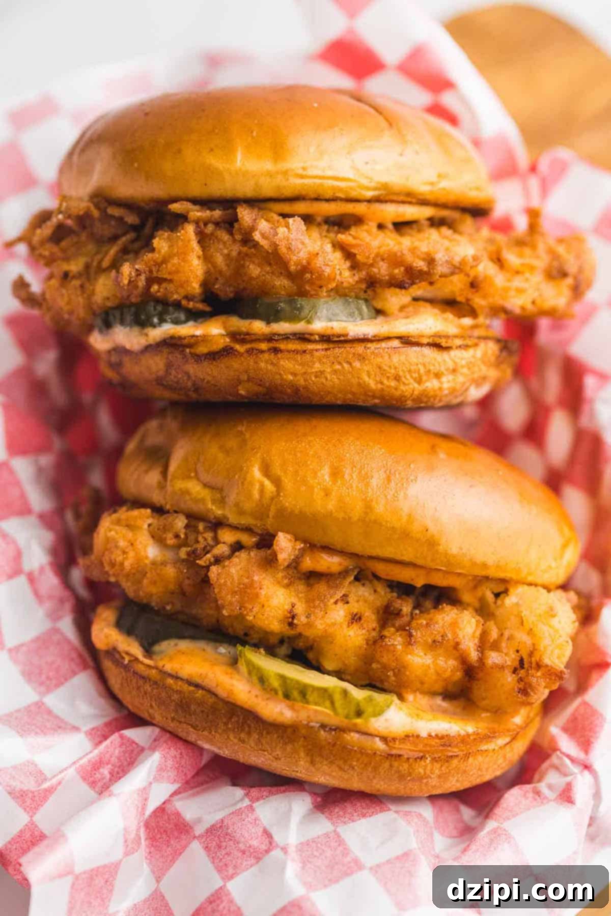 A food basket overflowing with homemade spicy chicken sandwiches, each featuring a golden-fried chicken fillet, zesty spicy mayo, and crisp pickles.