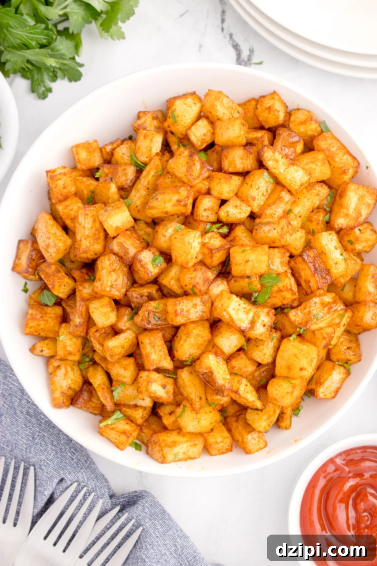 A white dinner plate filled with 1" diced air fried breakfast potatoes sits next to a bowl of ketchup.