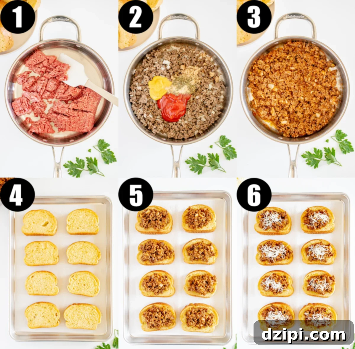 Sloppy Joe Texas Toast Melts 5 A six-photo collage illustrating the step-by-step process of making Texas Toast Sloppy Joes, from browning beef to melting cheese on top.