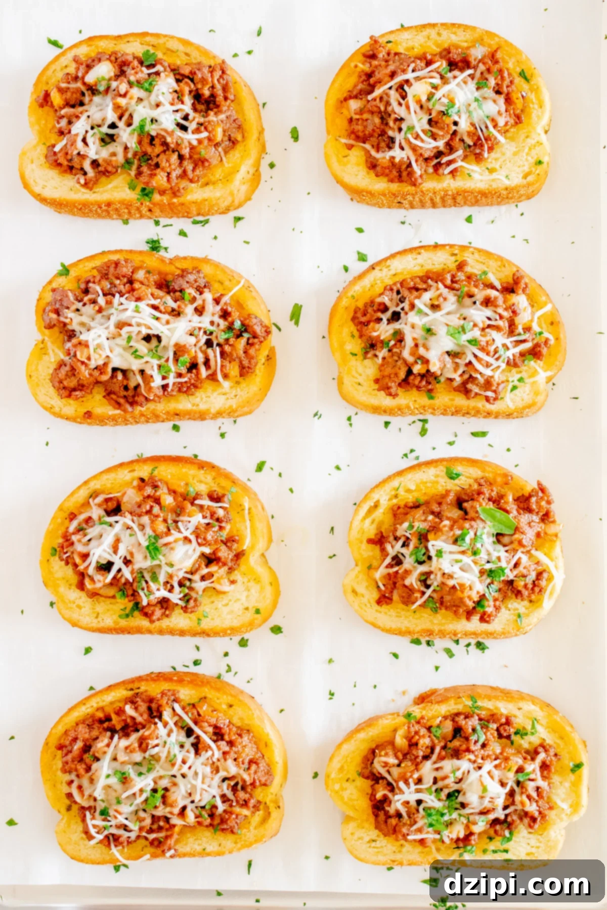 Sloppy Joe Texas Toast Melts 6 Eight pieces of golden-brown Texas toast, each generously piled with rich sloppy joe mixture and topped with perfectly melted shredded cheese, arranged on a baking sheet.