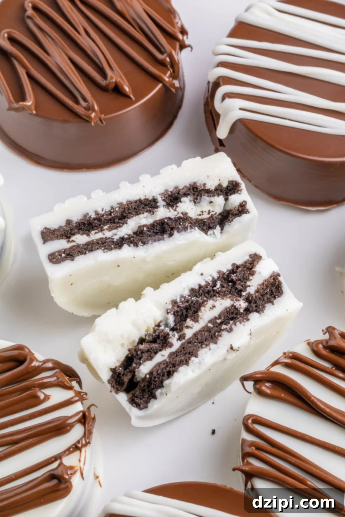 Close up of Oreo cookies that have been completely covered in milk chocolate and white chocolate. The one in the middle is cut in half to show the cookie inside.