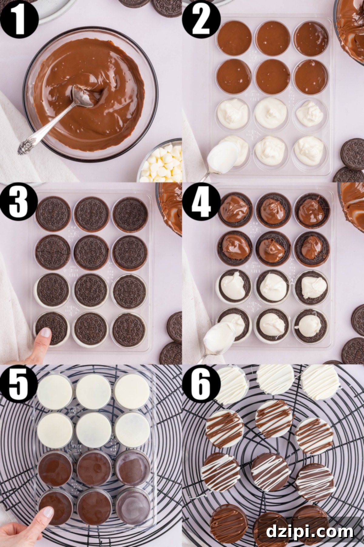 A six photo collage showing the steps to make chocolate covered Oreos.