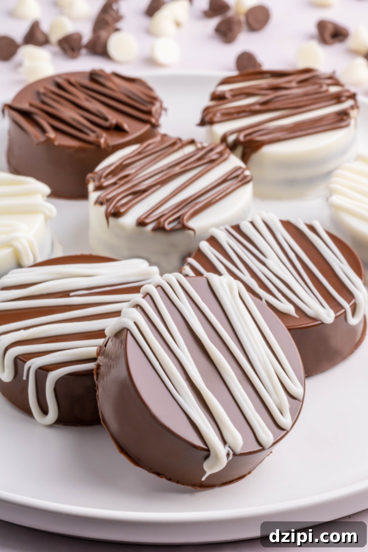 Seven white and milk chocolate covered Oreos on a serving plate. Chocolate chips are out of focus in the background.