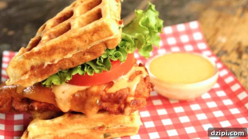 A fried chicken sandwich between two waffles with lettuce, tomato, and sriracha aioli. 