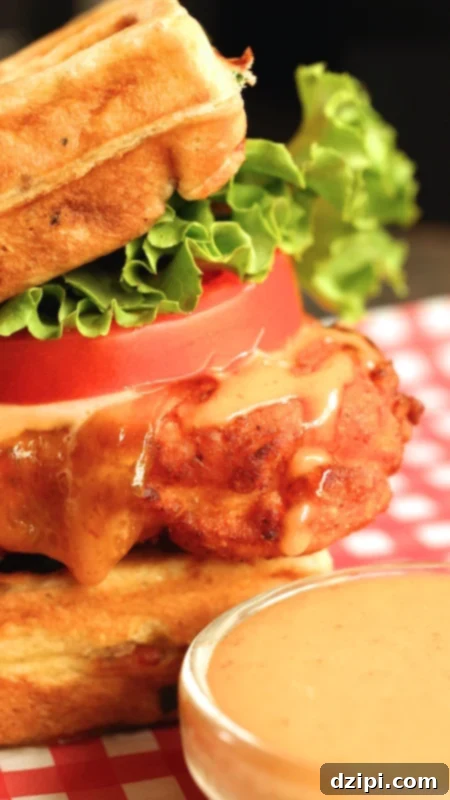 Close up of a Buttermilk Fried Chicken & Waffle Sandwich.