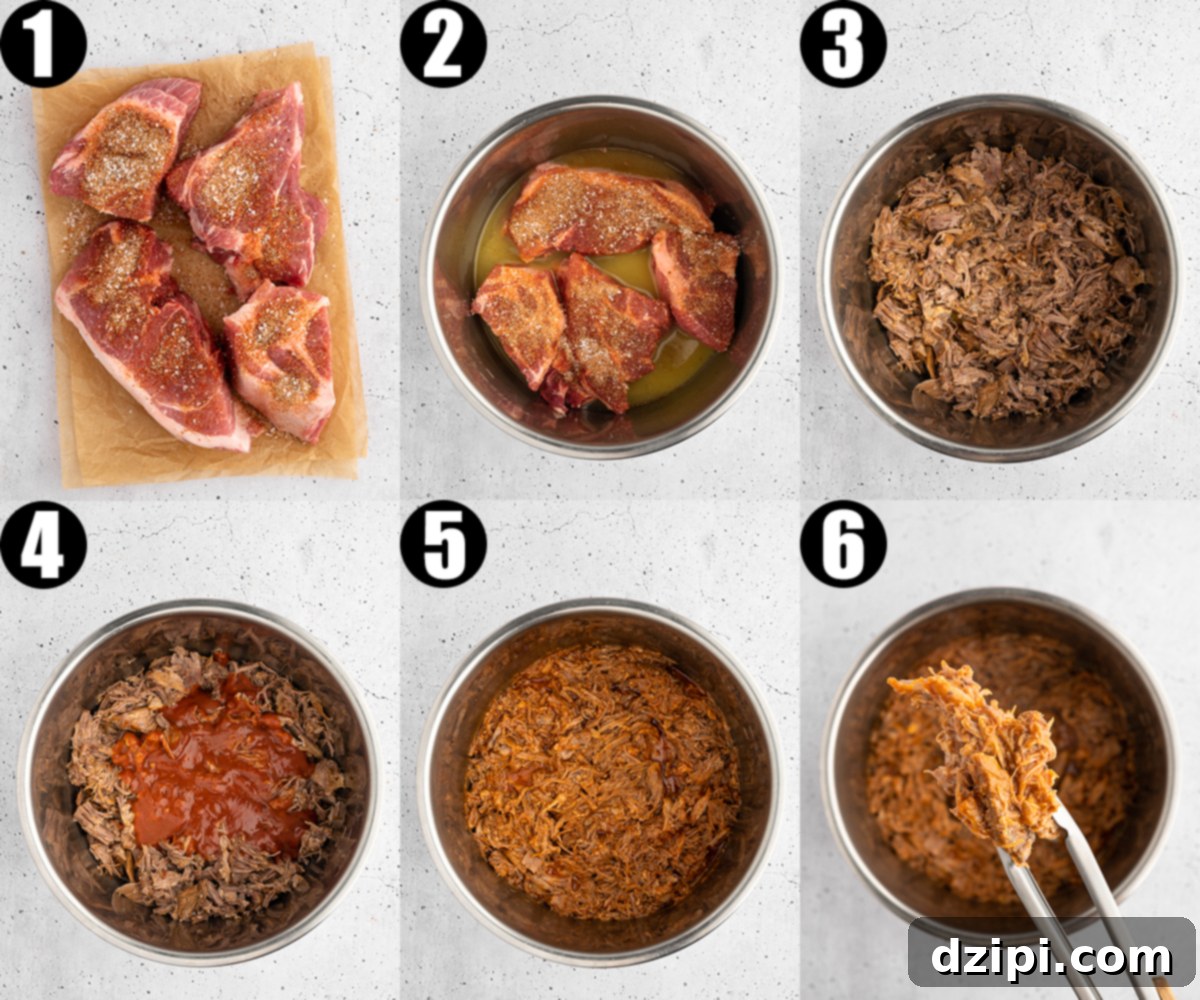 Juicy Instant Pot Pulled Pork 5 A six-photo collage illustrating the sequential steps to prepare Instant Pot pork butt, from seasoning to shredding and saucing.