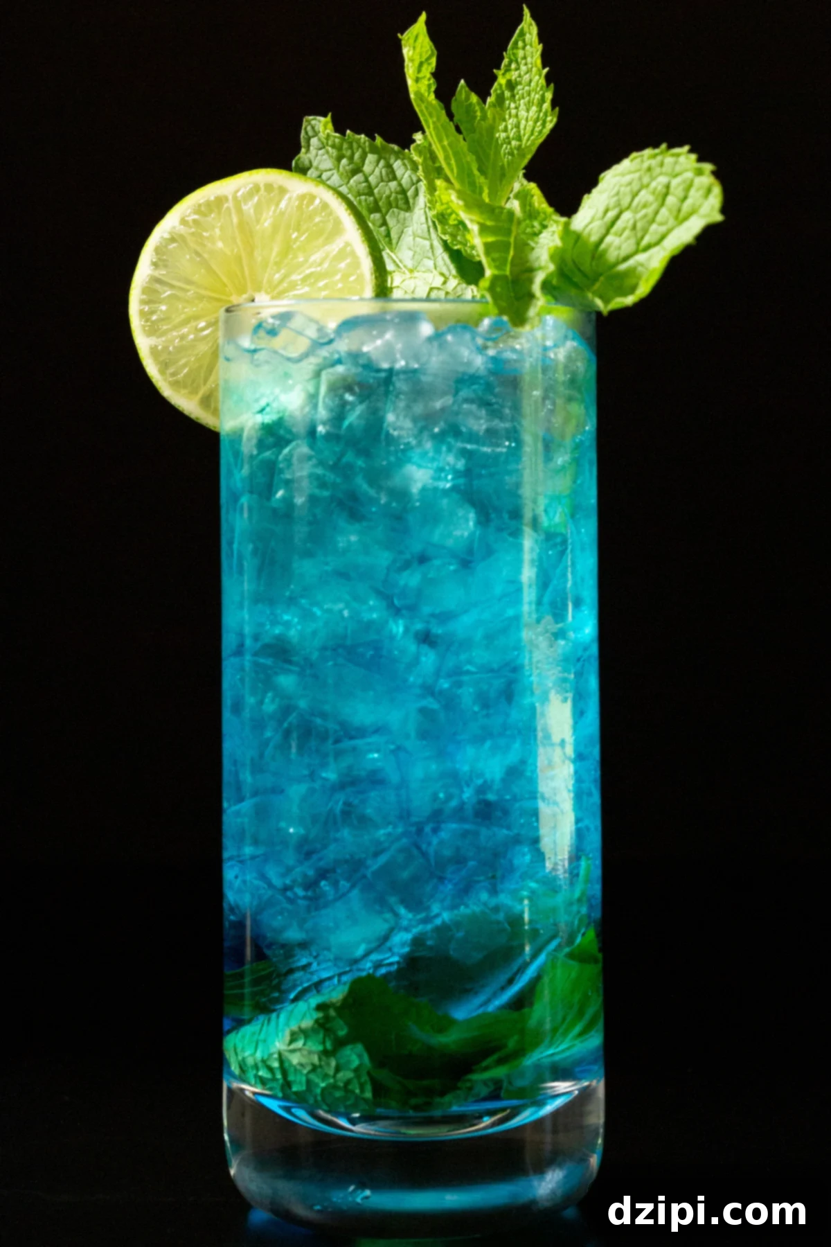 Sapphire Sip 2 A tall glass filled with crushed ice and a dazzling blue mojito, elegantly garnished with a fresh lime wheel and a sprig of vibrant mint. The drink promises a refreshing tropical escape.