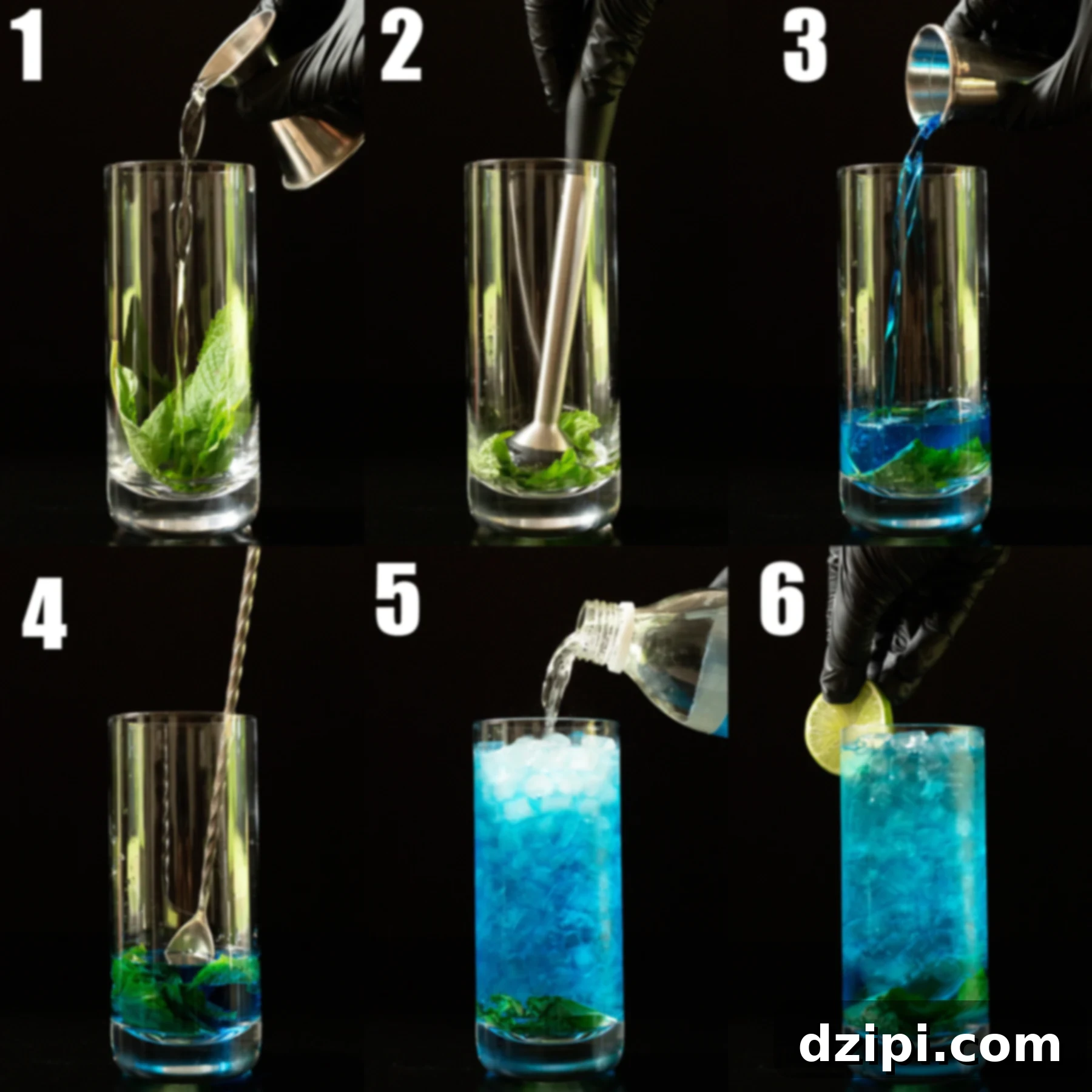 Sapphire Sip 5 A six-photo collage illustrating the sequential steps to prepare a Blue Mojito, from muddling mint to garnishing the final drink.