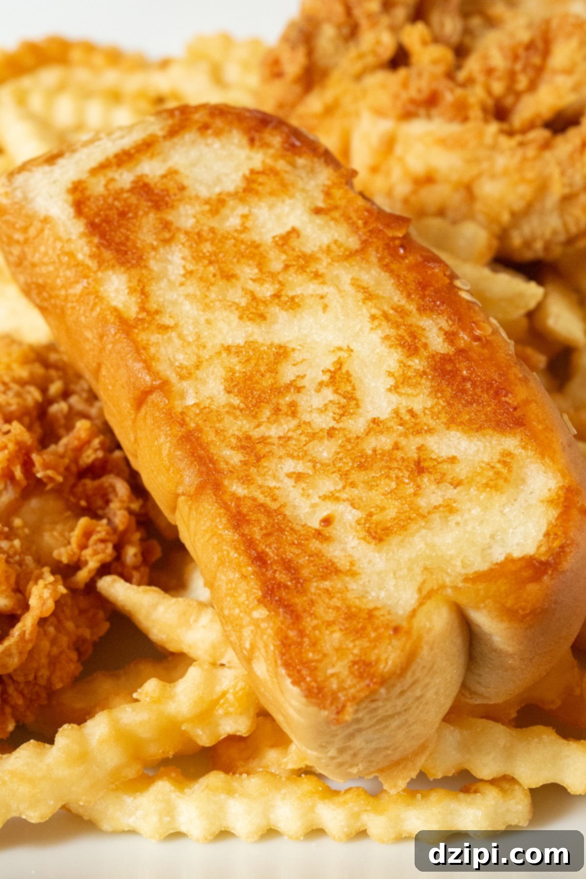 A slice of homemade Raising Canes garlic bread on top of crinkly fries and chicken tenders.