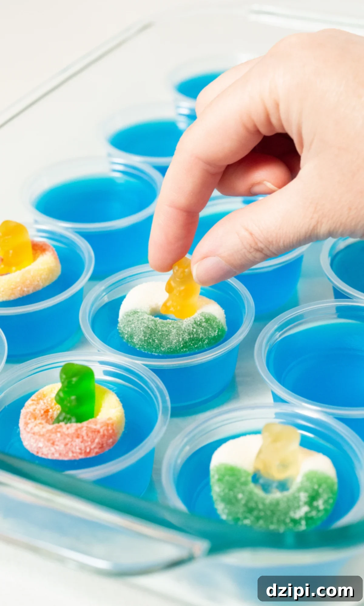 A glass baking dish containing multiple rows of bright blue jello shots, in the process of being adorned with colorful gummy rings and playful gummy bears.