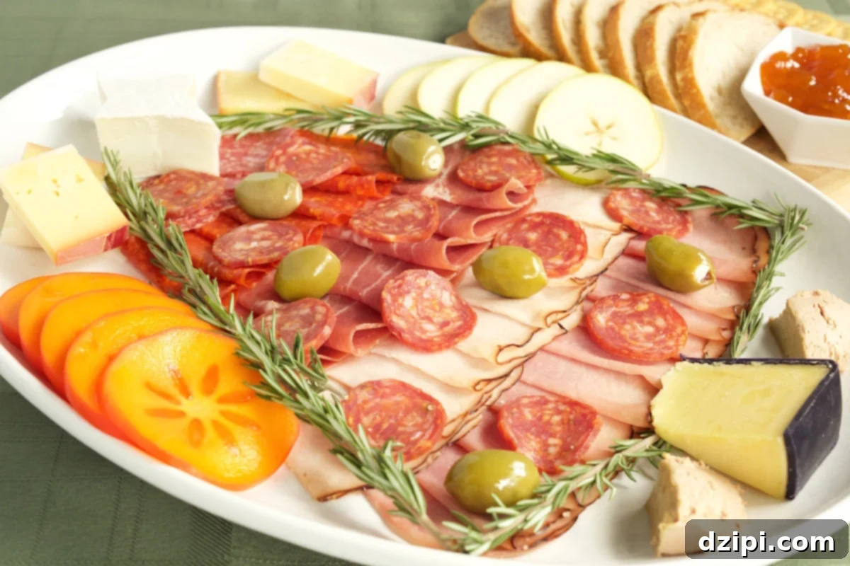 Festive Charcuterie Tree Platter 2 A festive Christmas Tree Charcuterie Board brimming with an assortment of meats, cheeses, olives, and fresh rosemary, ready for holiday entertaining.