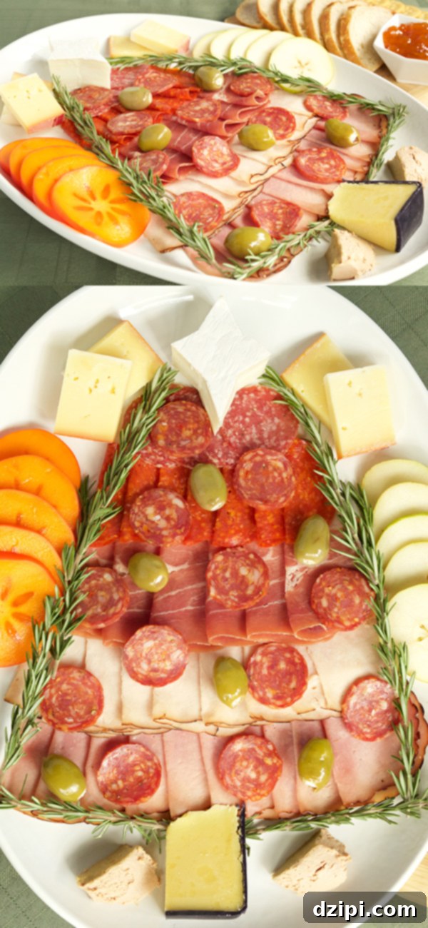 Festive Charcuterie Tree Platter 3 Overhead view of a beautifully arranged Christmas Tree Charcuterie Board, featuring various meats, cheeses, and colorful garnishes.