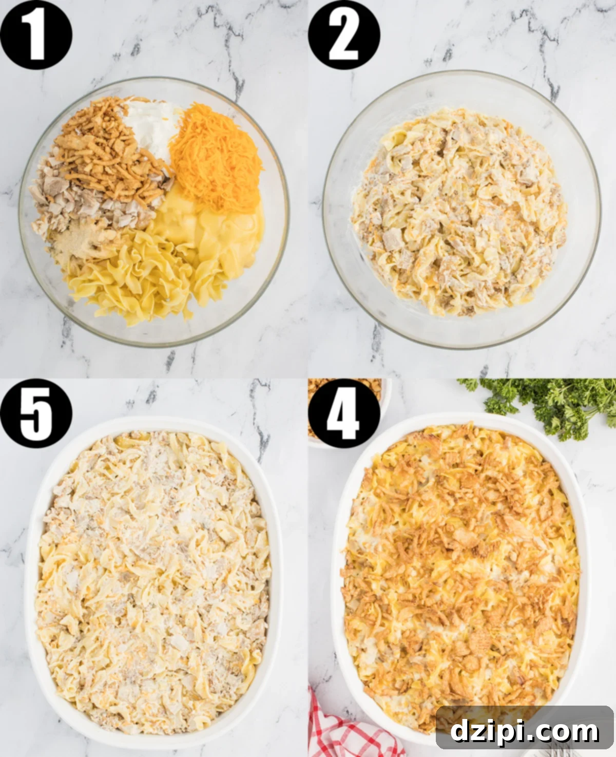 A four photo collage showing the steps to make French onion chicken casserole.