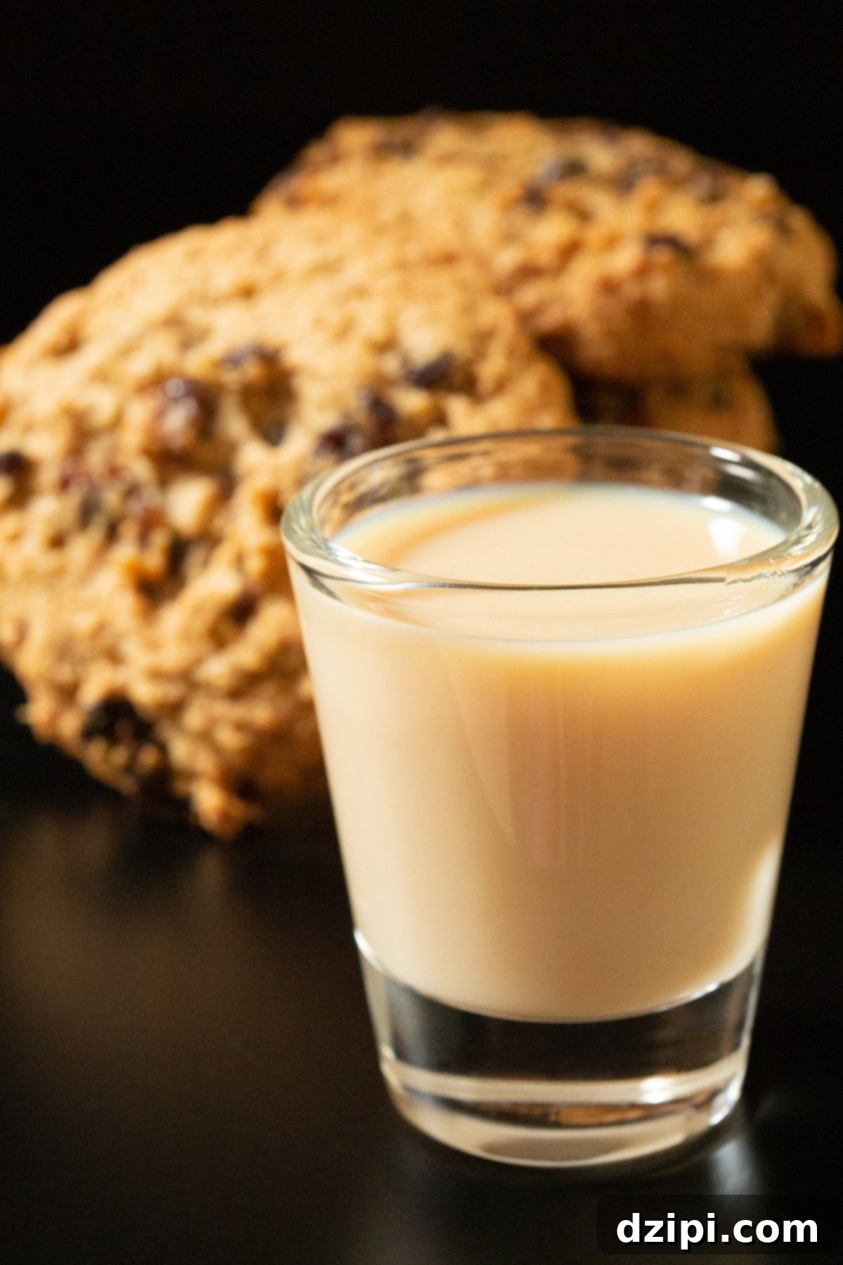 Oatmeal Cookie Cups 2 A shot glass filled with a creamy brown oatmeal cookie shot. Cookies are out of focus in the background.