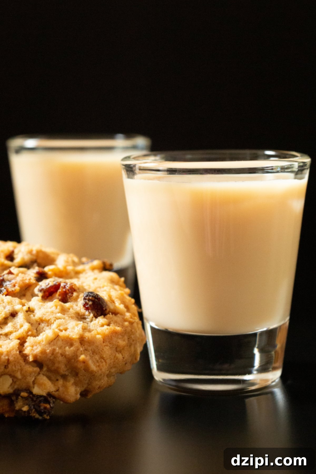 Oatmeal Cookie Cups 3 Two shot glasses filled with light brown oatmeal cookie shots next to a cookie on a black background.