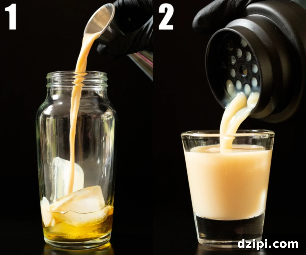 Oatmeal Cookie Cups 5 A photo shows all the oatmeal cookie shot ingredients added to a cocktail shaker, and a second photo shows it being strained into a shot glass.