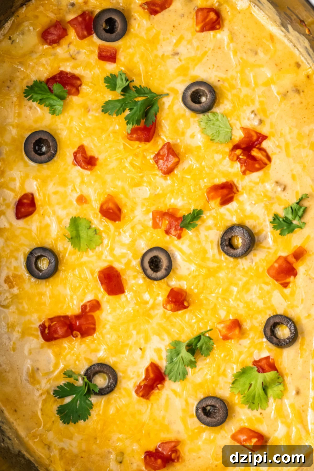 A close-up view of the Crock-Pot taco dip, showcasing the beautifully melted shredded cheese, neatly sliced black olives, vibrant chopped tomatoes, and fresh cilantro sprigs on top. The textures invite a generous scoop.
