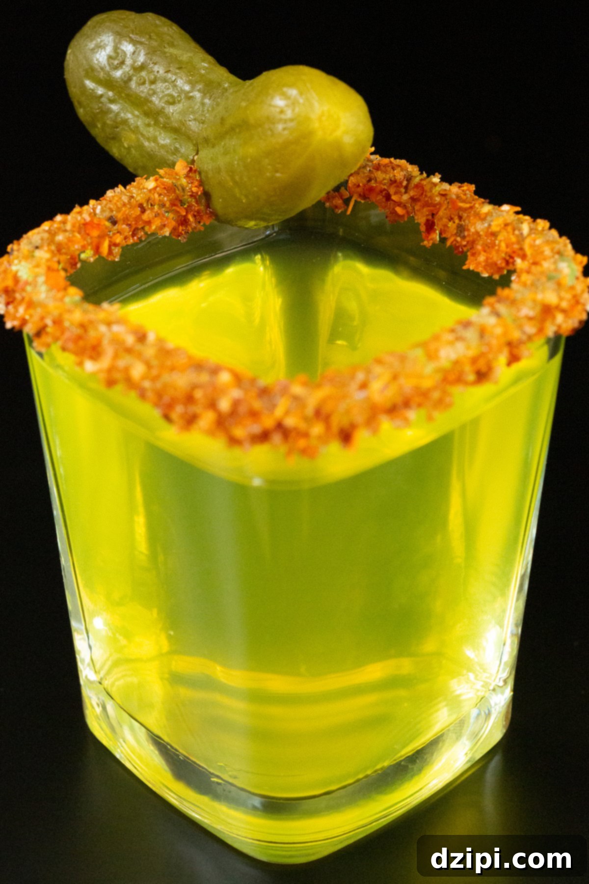 A single square shot glass filled with a neon green pickle shot. The rim has been dipped in red Tajin chili powder and a baby pickle is added as a garnish.