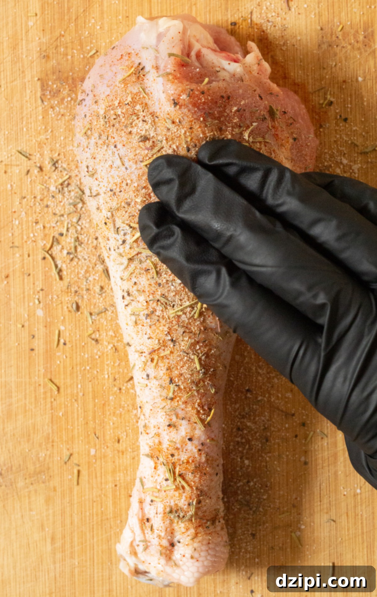 A raw turkey leg generously covered in a savory seasoning blend, being gently rubbed in by a gloved hand to ensure even distribution.