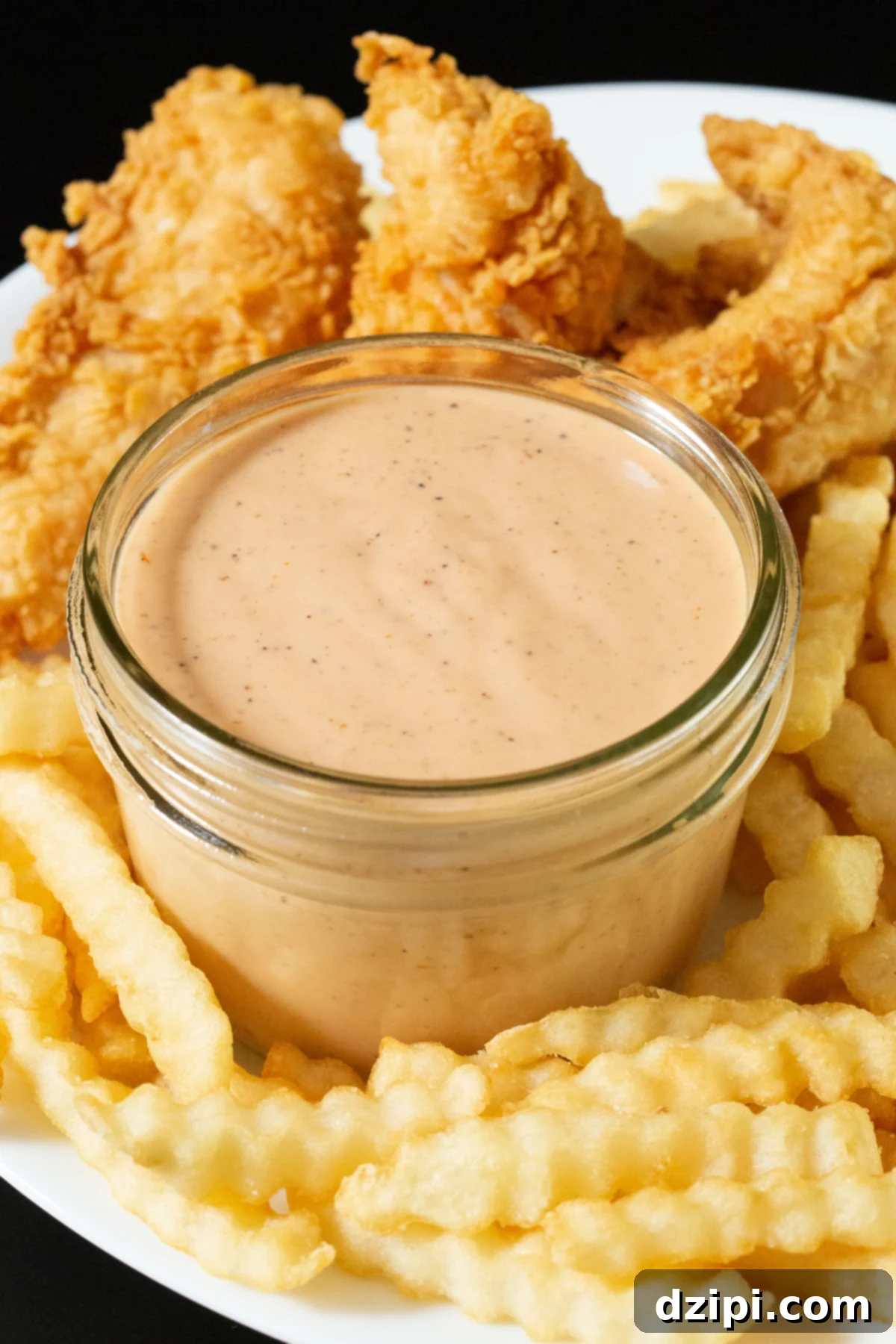 A white dinner plate has a small jar of light pink sauce with visible specs of black peppers and other spices. It is surrounded by crispy chicken tenders and wavy fries.