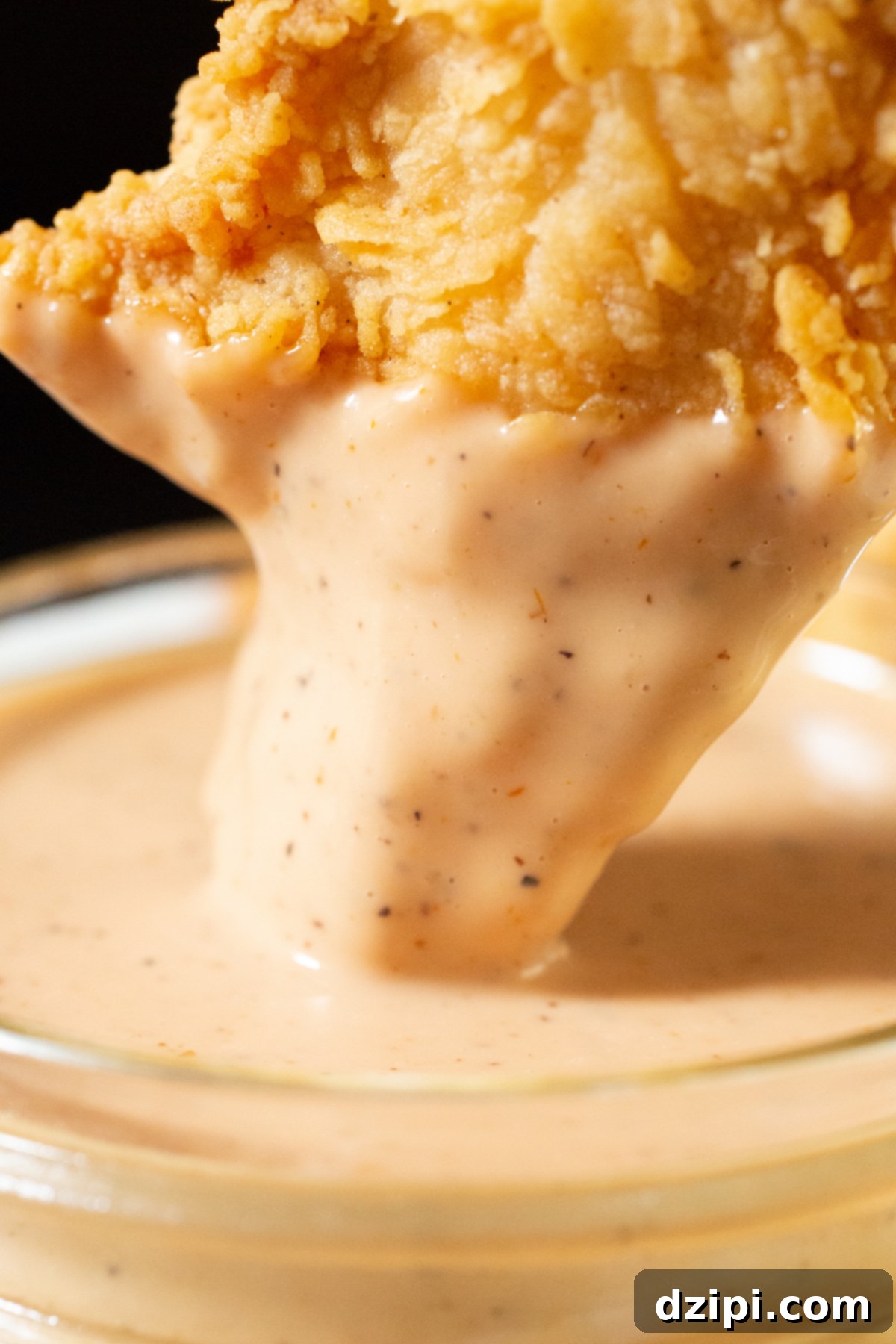 Extreme close up showing a perfectly fried chicken tender being dipped into copycat cane's sauce. You can see visible specs of black pepper and other spices in the sauce.