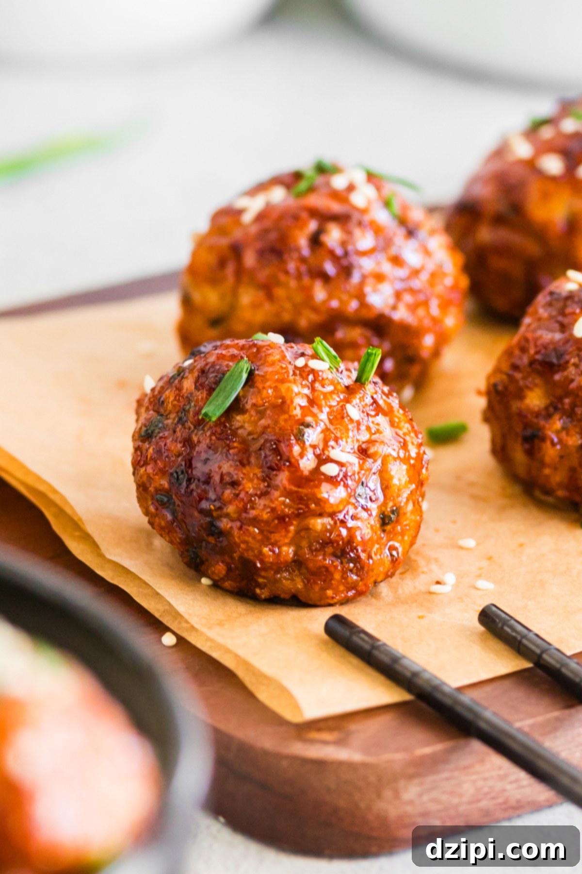 A long serving board with multiple firecracker meatballs. A pair of chops sticks is about to pick up one.