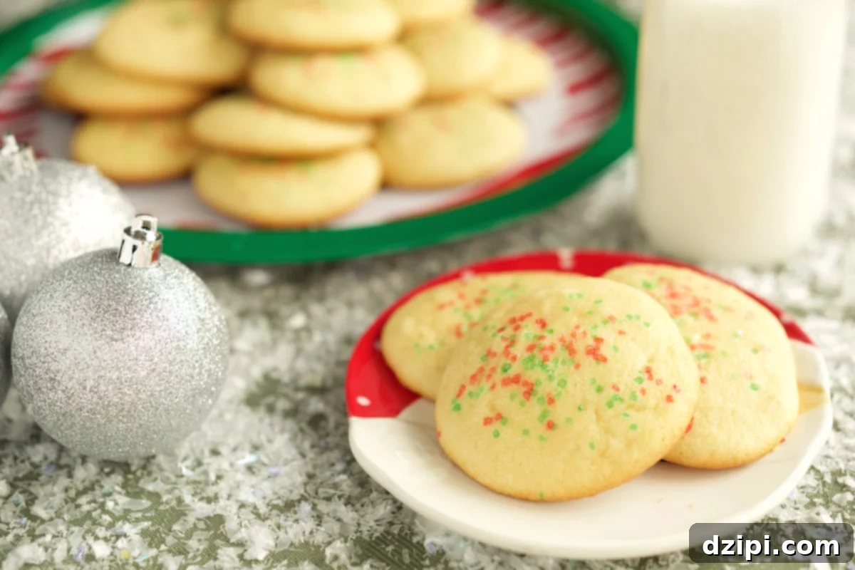 Festive Holiday Sugar Cookies 2 Delicious Classic Christmas Sugar Cookies piled high on a plate, ready for holiday festivities