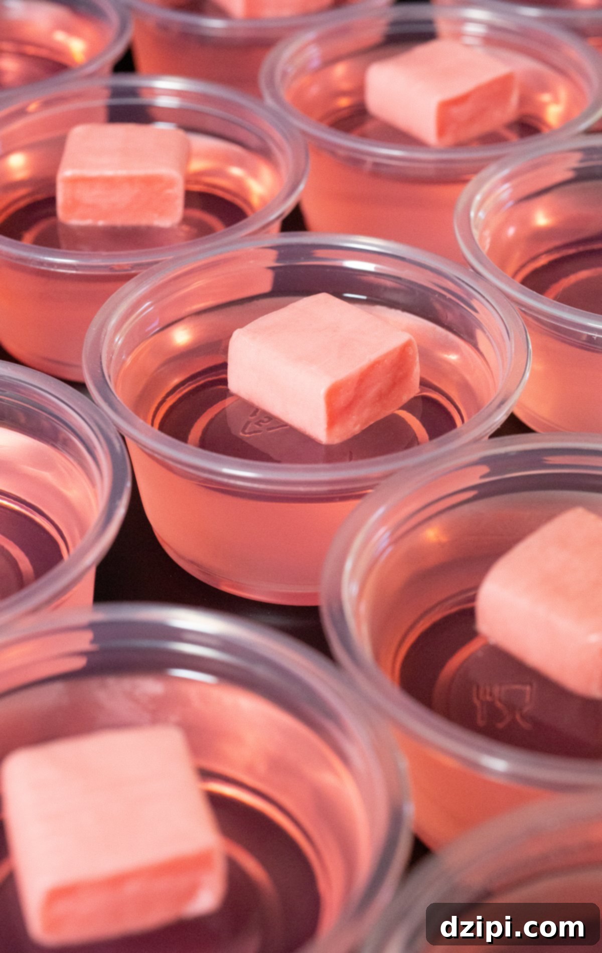 Ten perfectly pink jello shots, each adorned with an unwrapped pink Starburst candy, arranged artfully on a sleek black background.