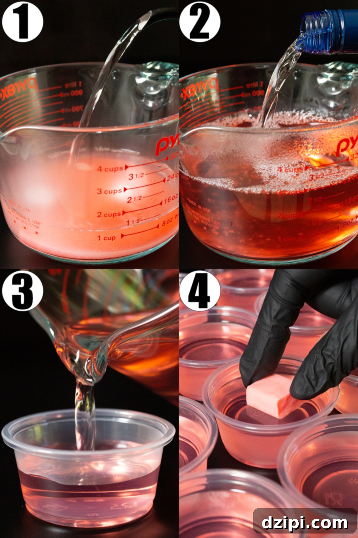 A four-photo collage illustrating the making of pink Starburst jello shots: dissolving gelatin, adding vodka, pouring into cups, and garnishing with candy.