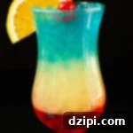 Chromatic Utopia Elixir 2 A hurricane glass filled with a red layer at the bottom, yellow in the middle, and blue on top. Garnished with an orange slice and a maraschino cherry.