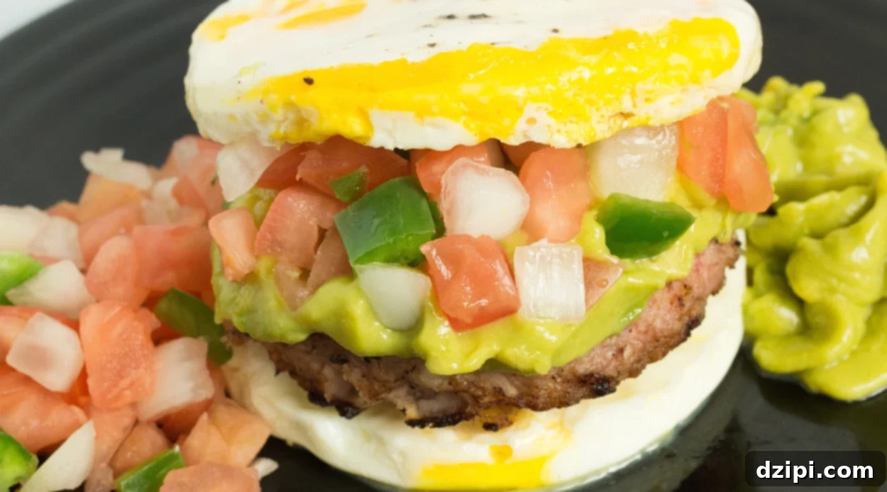 A homemade pork sausage patty sandwiches between two eggs topped with pico de gallo