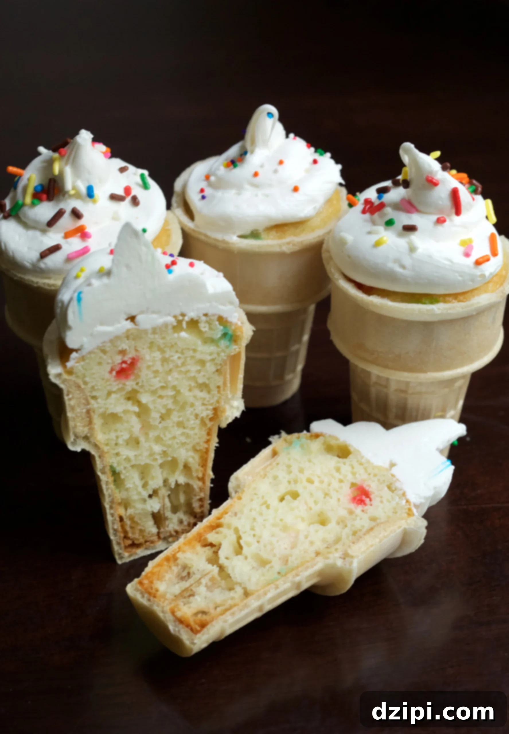 Ice Cream Cone Cupcakes on a black background. One cone has been cut open to show the cupcake inside, revealing colorful sprinkles.