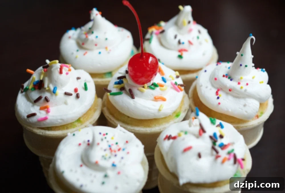 Ice Cream Cone Cupcakes with sprinkles and a cherry on top, showcasing vibrant colors.