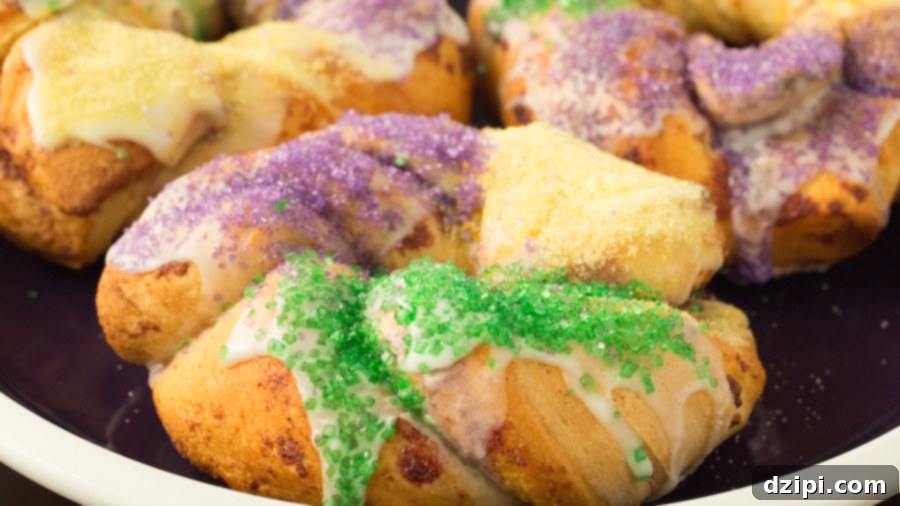 Mini "king cakes" made with canned cinnamon rolls