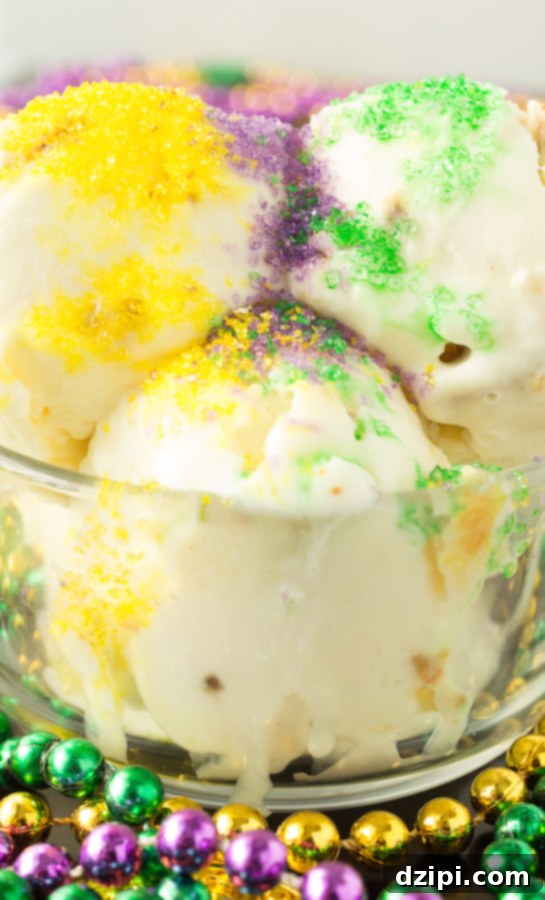 King Cake Ice Cream in a glass bowl surrounded by Mardi Gras beads