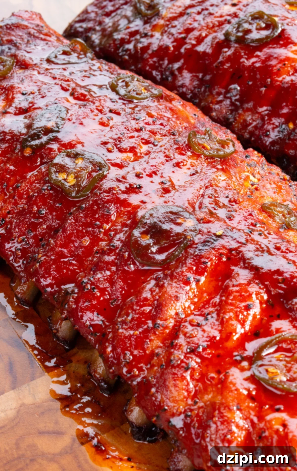 Close-up of a perfectly cooked rack of baby back ribs, glistening with a bright red, sticky candy coating, with the rich sauce pooling invitingly around the bones on a wooden cutting board.