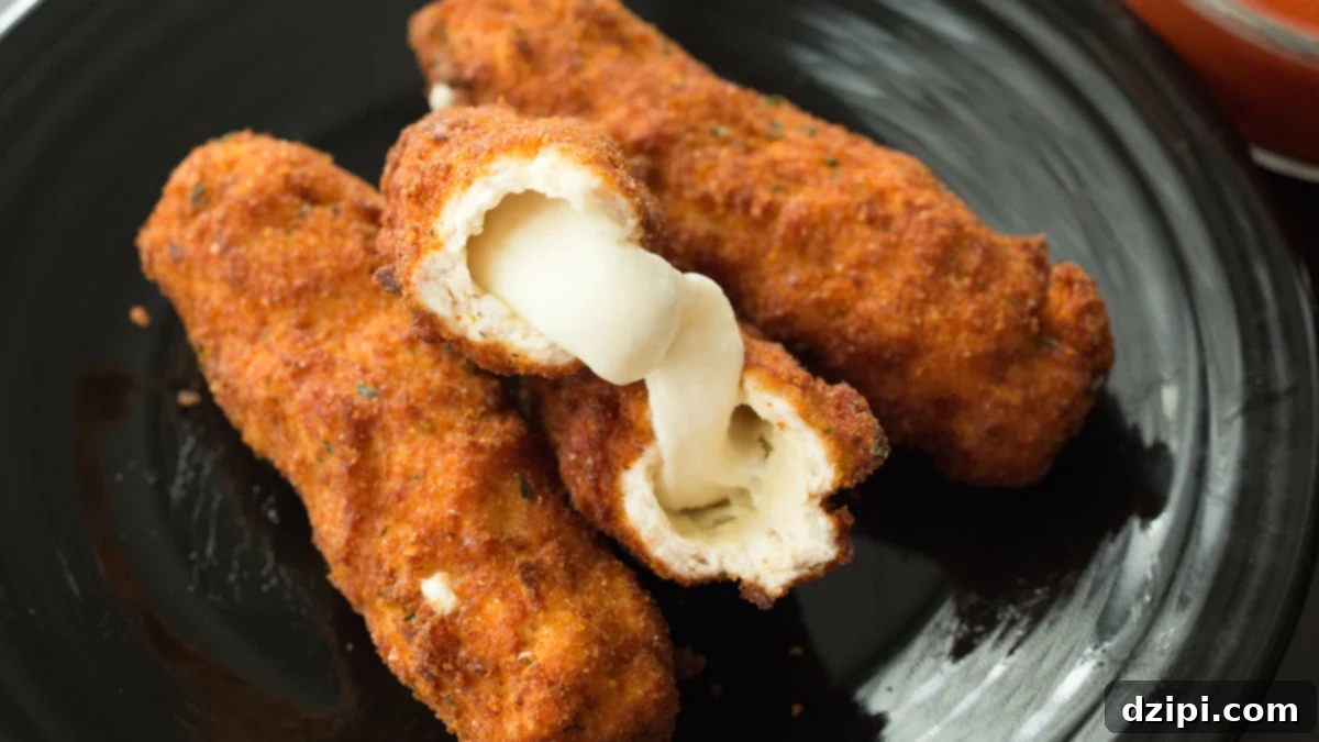 Crispy golden Mozzarella Stick Chicken Fries, oozing with melted cheese inside