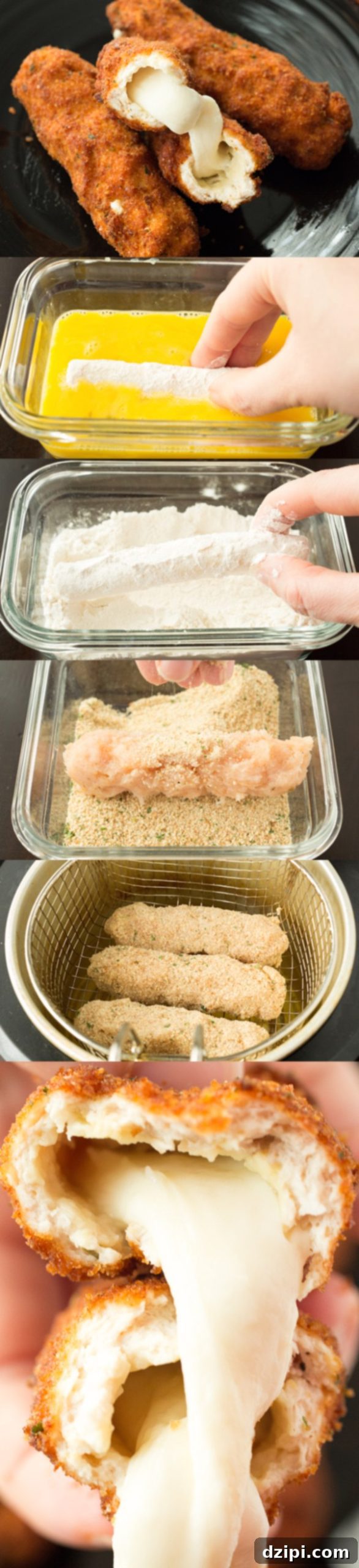 What if chicken fries and mozzarella sticks had a baby? Mozzarella sticks rolled in flour, dipped in egg, incased in seasoned ground chicken, then covered in bread crumbs and deep fried.