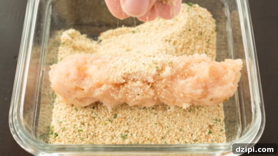 The chicken-wrapped cheese stick is now being thoroughly coated in panko breadcrumbs for a crispy exterior
