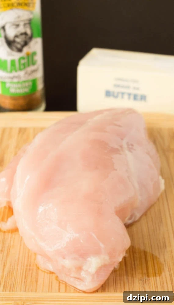 All the ingredients to make blackened chicken - blackening seasoning, butter, and raw chicken breast.