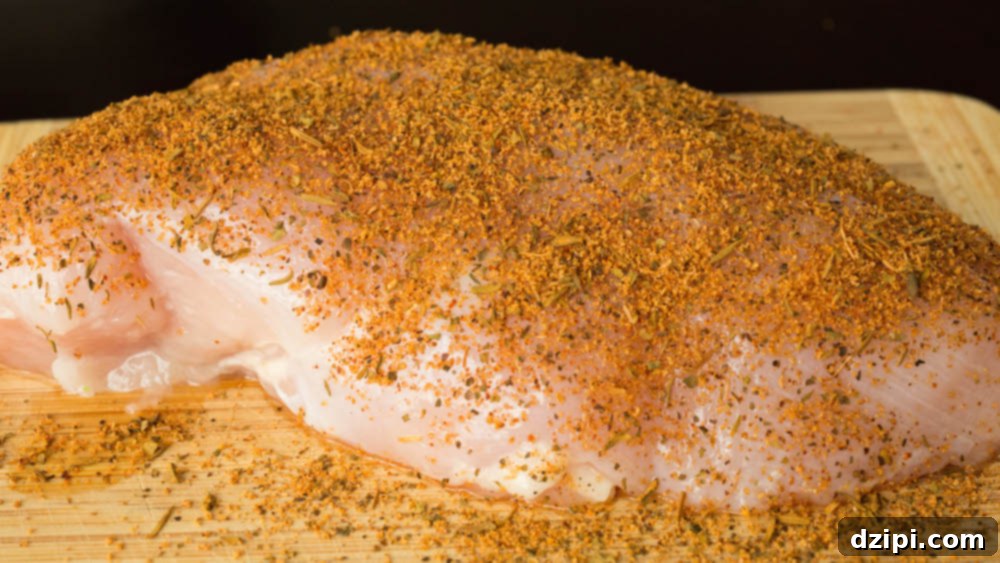 Raw chicken breast on a cutting board covered in blackening seasoning.