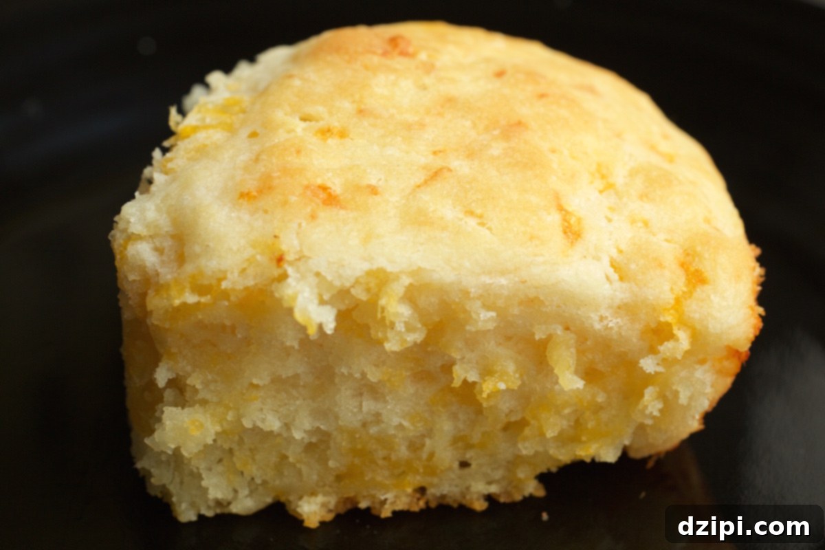 Fluffy Cheesy Buttermilk Biscuits 3 A thick cheesy buttermilk biscuit on a black background