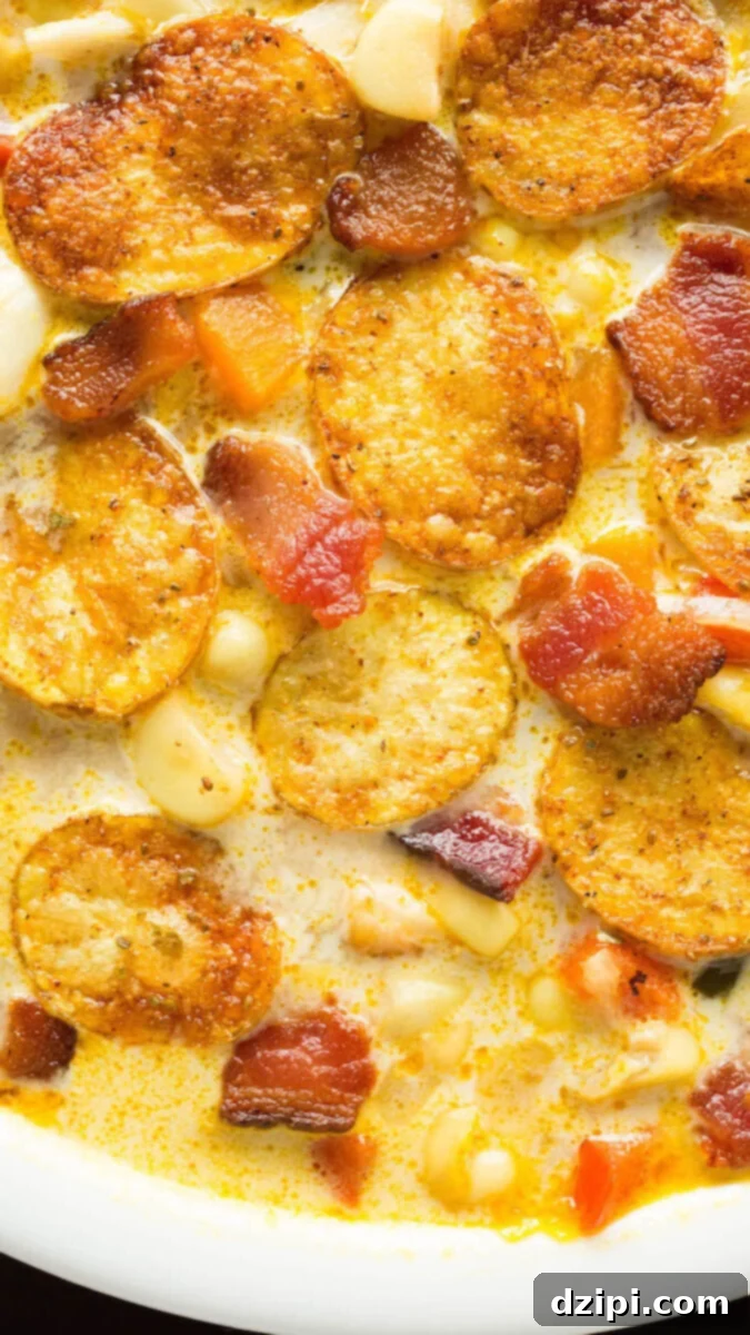 Close-up of creamy corn and crab chowder topped with crispy mini Old Bay potato chips, a perfect blend of rich flavors and crunchy texture.