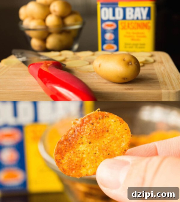 A visual guide showing small fingerling potatoes on a cutting board next to Old Bay seasoning, and a close-up of a hand holding a perfectly seasoned, crispy mini Old Bay chip.